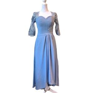 POMUYOO Tea Length Mother of The Bride Dress for Wedding Lace Chiffon Size 4